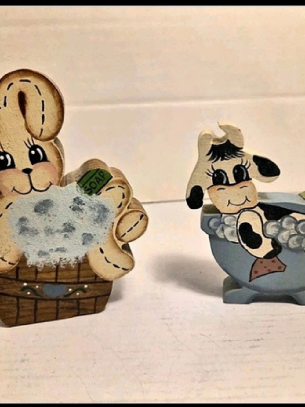 Vintage Wooden Cow And Bunny in Bubble Bath Folk Art Country Shelf Decor